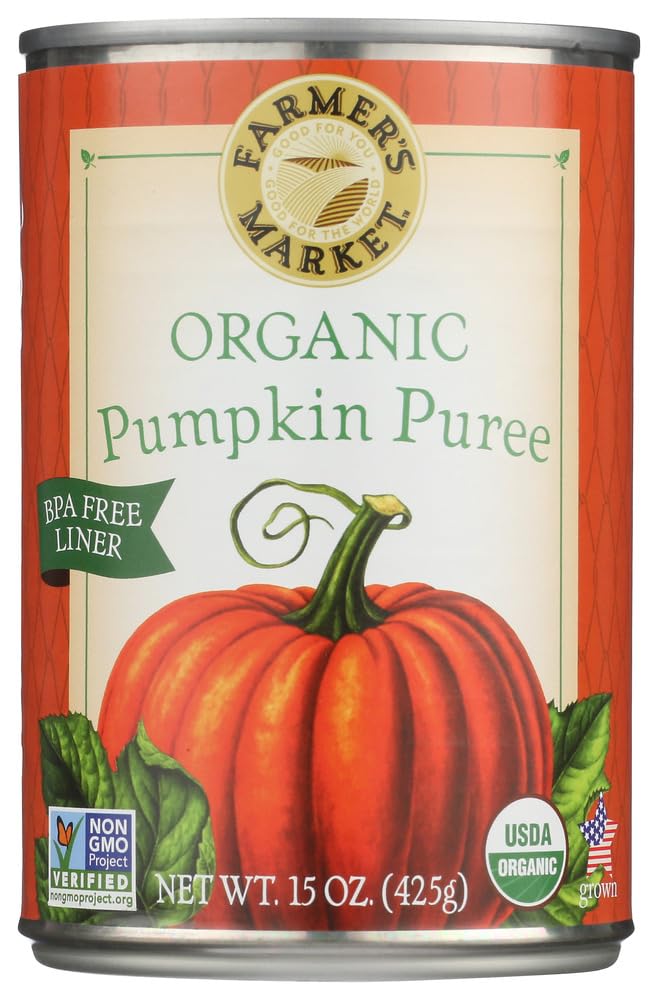 FARMER'S MARKET organic canned pumpkin label on 15 oz cans, pantry-friendly