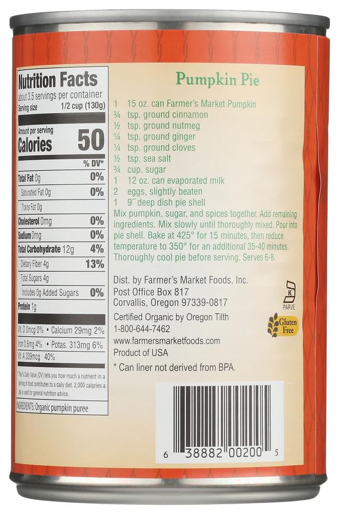 FARMER'S MARKET organic canned pumpkin puree suitable for pies and soups
