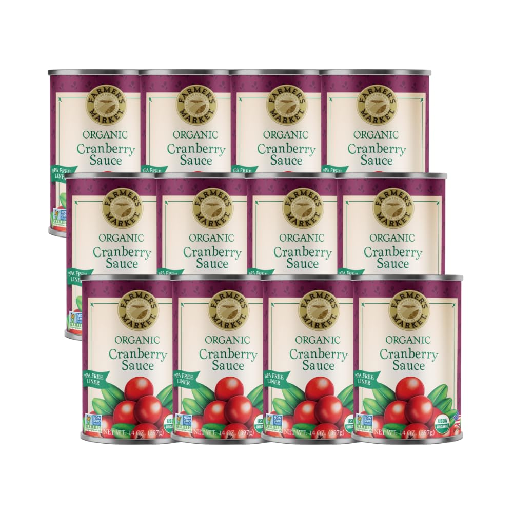 FARMER'S MARKET organic cranberry sauce front can shows 14 oz size for easy serving.