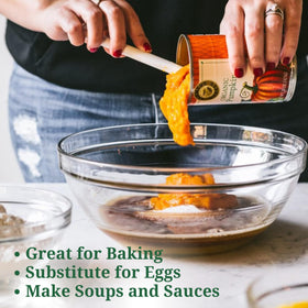 Baking prep scene with FARMER'S MARKET Organic Pumpkin Puree ready for muffins or bread