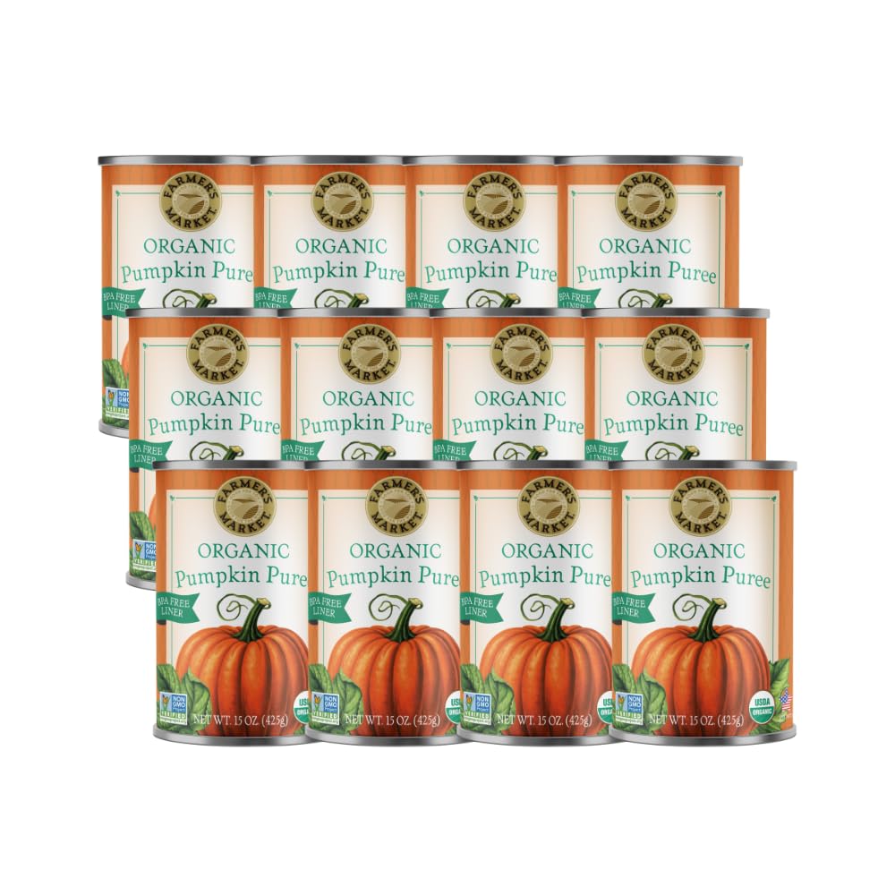 FARMER'S MARKET Organic Pumpkin Puree can front showing rich, smooth texture for recipes