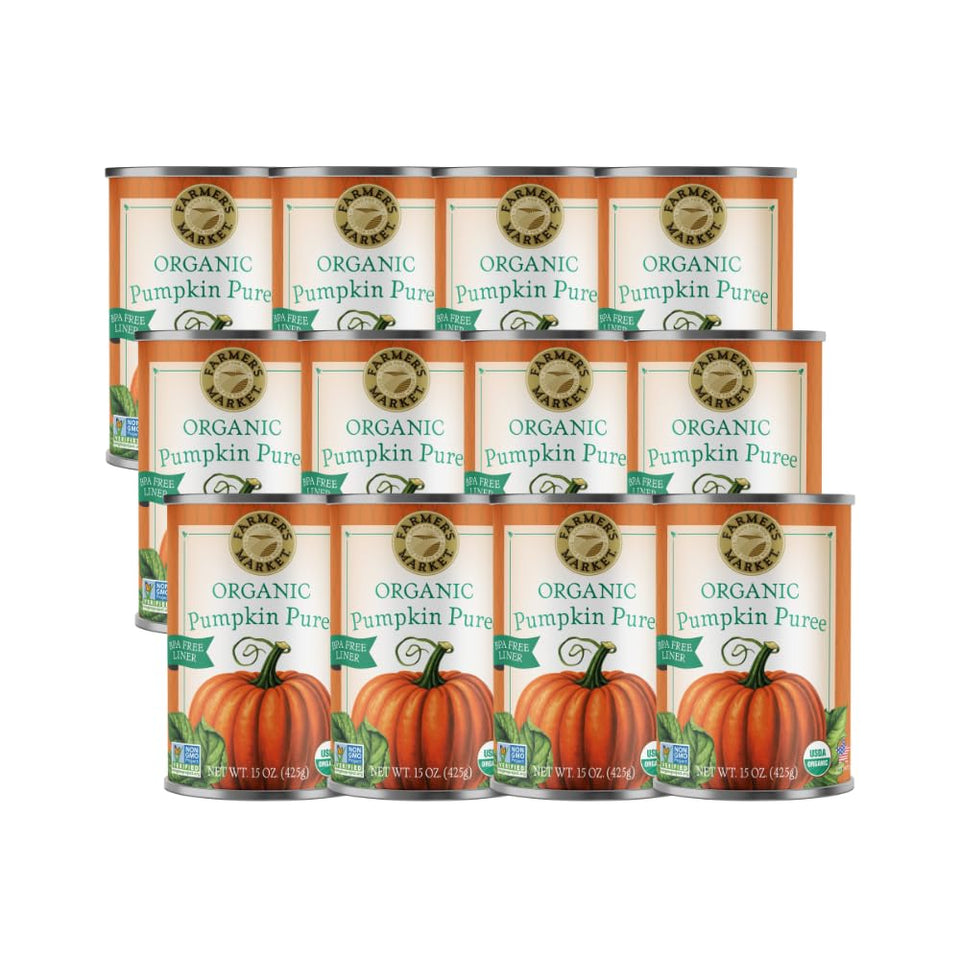 FARMER'S MARKET Organic Pumpkin Puree can front showing rich, smooth texture for recipes
