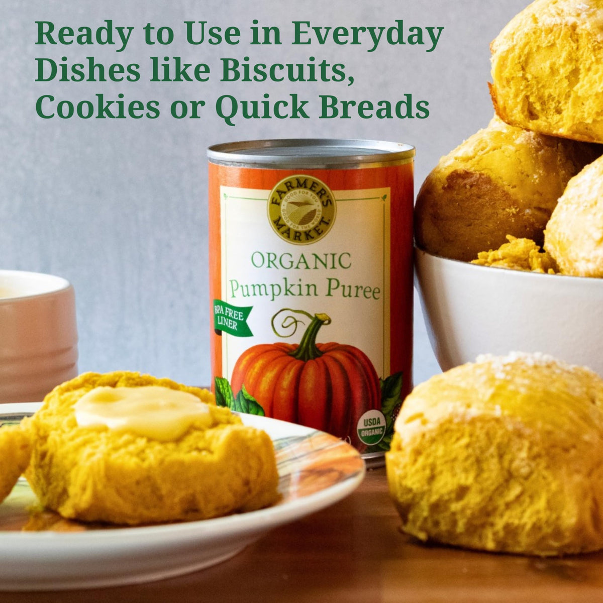 Close-up of FARMER'S MARKET Organic Pumpkin Puree showing smooth texture for pies and soups