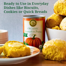 Close-up of FARMER'S MARKET Organic Pumpkin Puree showing smooth texture for pies and soups
