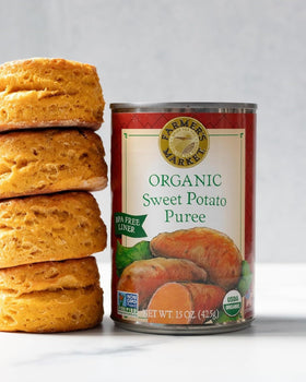 Ingredient list and vegan label visible on FARMER'S MARKET puree tub.