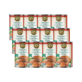 FARMER'S MARKET Organic Sweet Potato Puree label close-up on 12-pack.