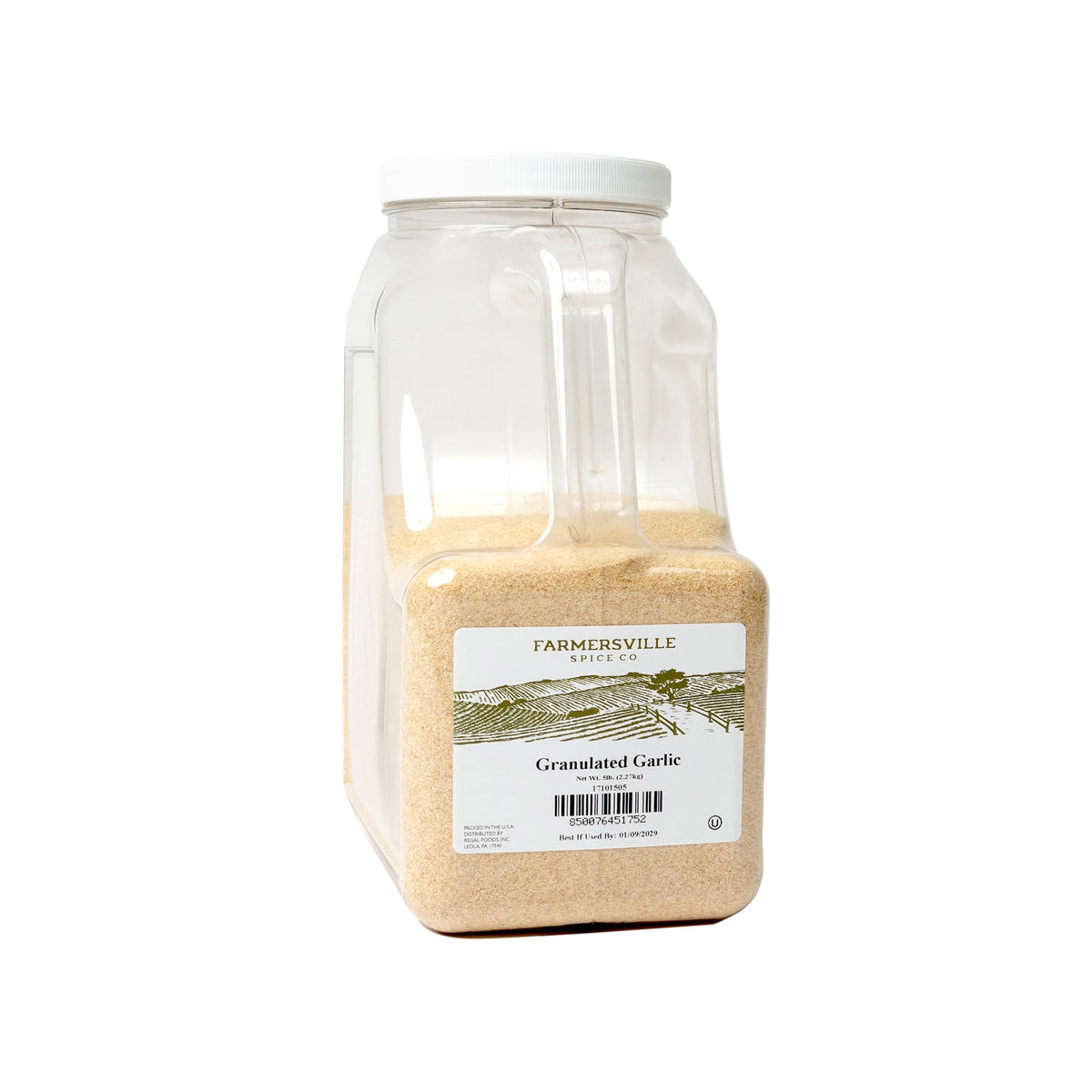 Farmersville Spice Co granulated garlic 5 lb jar for consistent kitchen seasoning.
