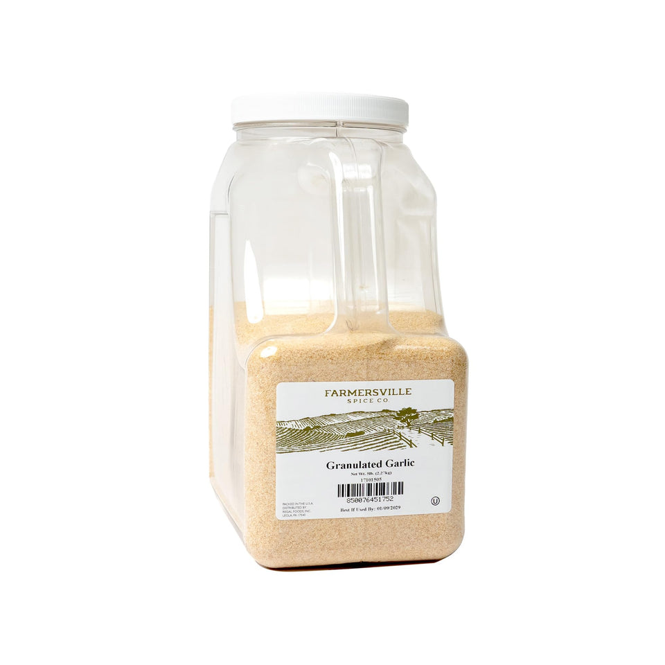 Farmersville Spice Co granulated garlic 5 lb jar for consistent kitchen seasoning.