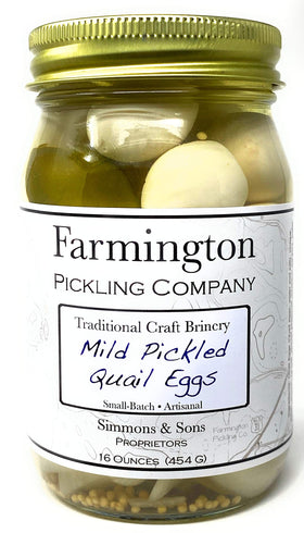 Farmington Pickling quail eggs mild jar close-up, premium appetizer bite