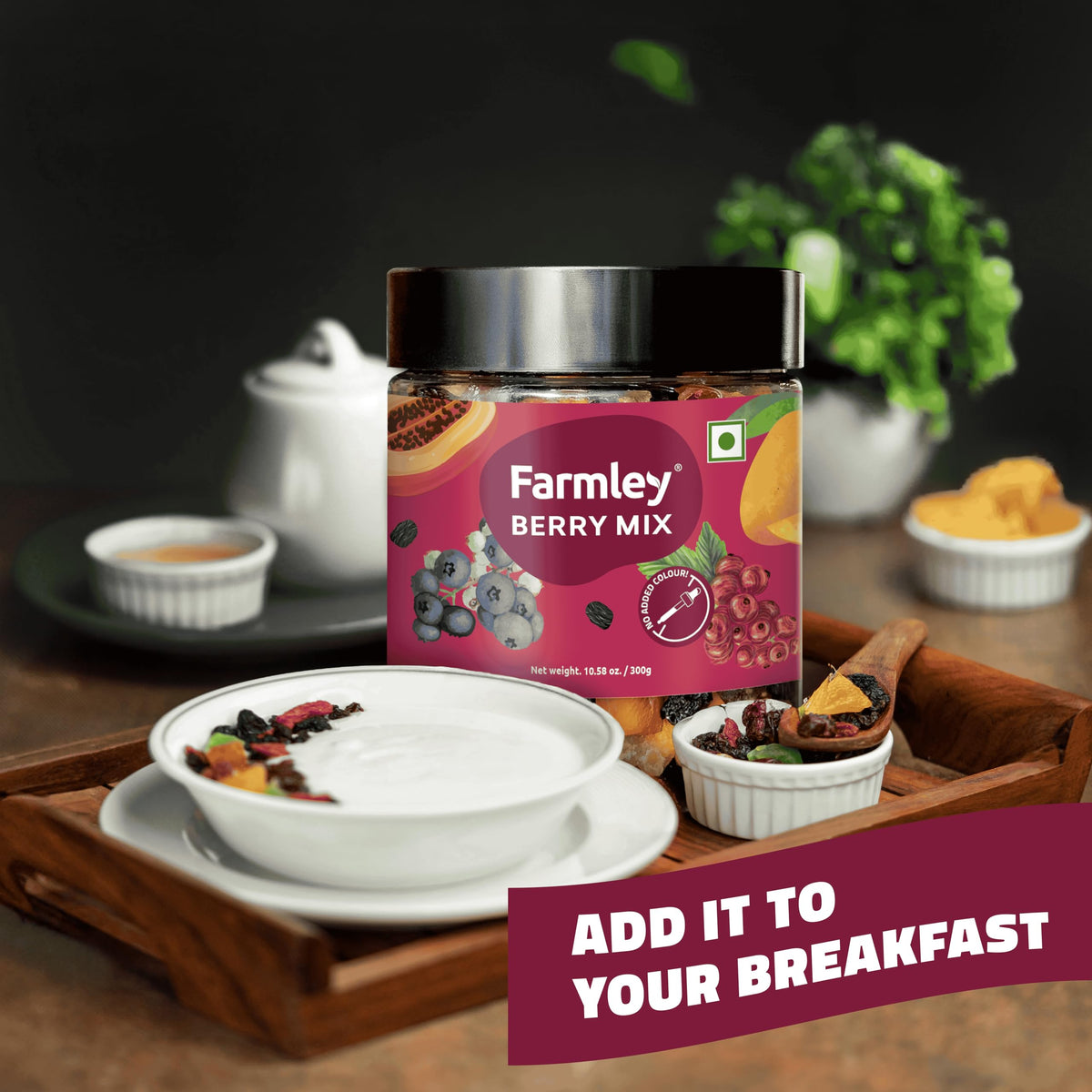 Farmley Berry Mix scattered over yogurt and granola for breakfast.