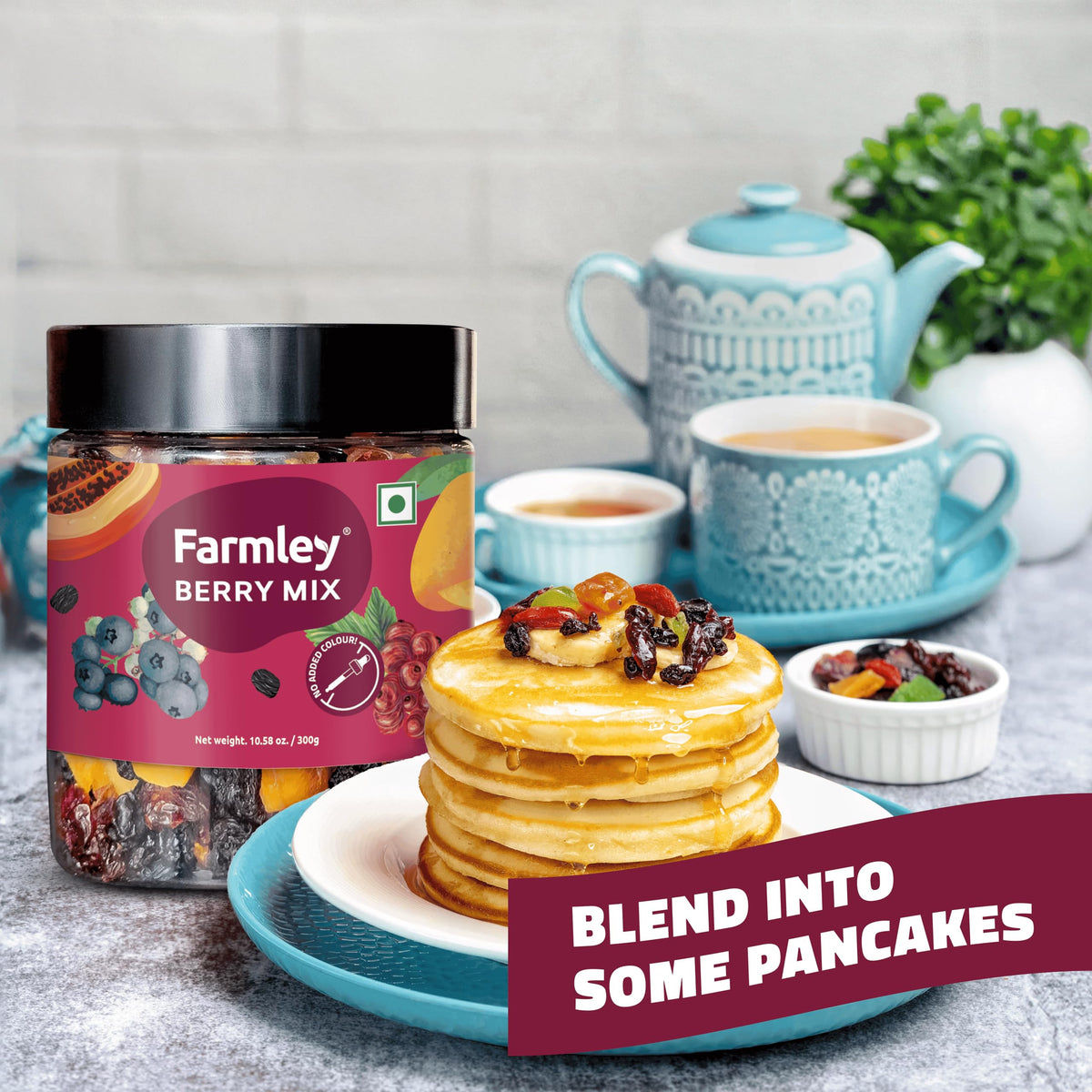 Farmley Berry Mix resealable bag on kitchen counter for fresh storage.