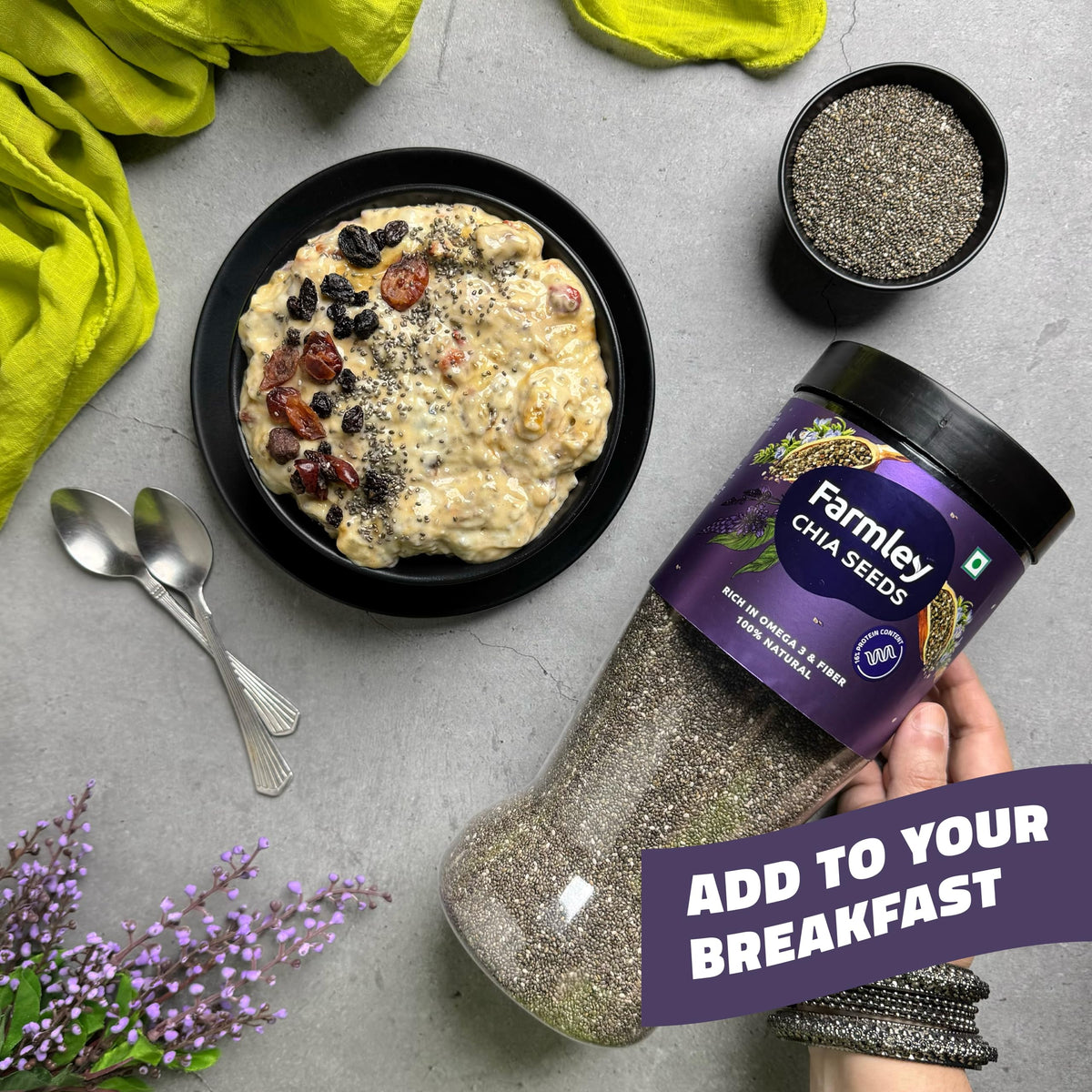 Farmley chia seeds bowl shows fiber-rich topping for yogurt