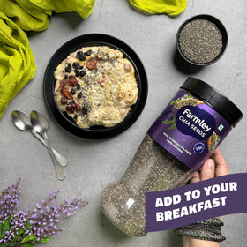 Farmley chia seeds bowl shows fiber-rich topping for yogurt