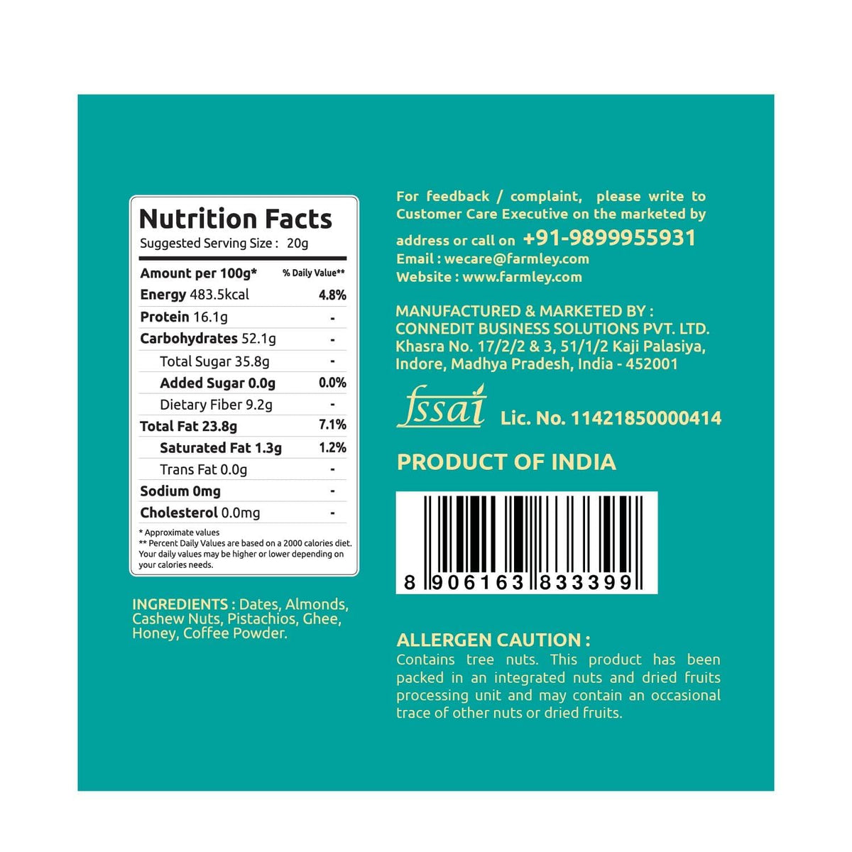 Close-up of Farmley Coffee Rush Date Bite highlighting dates and nuts for nutrition.