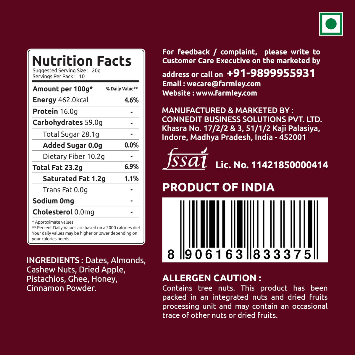 Farmley Date Bites gluten-free vegan packaging label