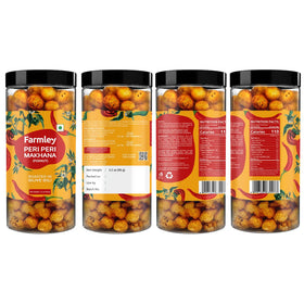 Farmley makhana nutrition facts panel emphasizing protein and fiber