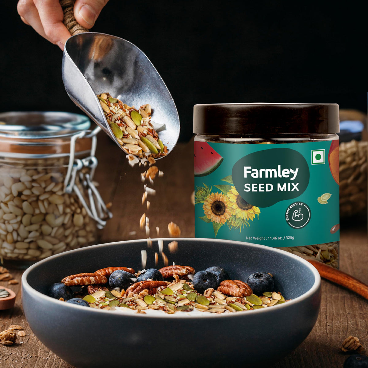 Farmley Seed Mix bowl with crunchy, nutrient-dense topping for salads and yogurt.