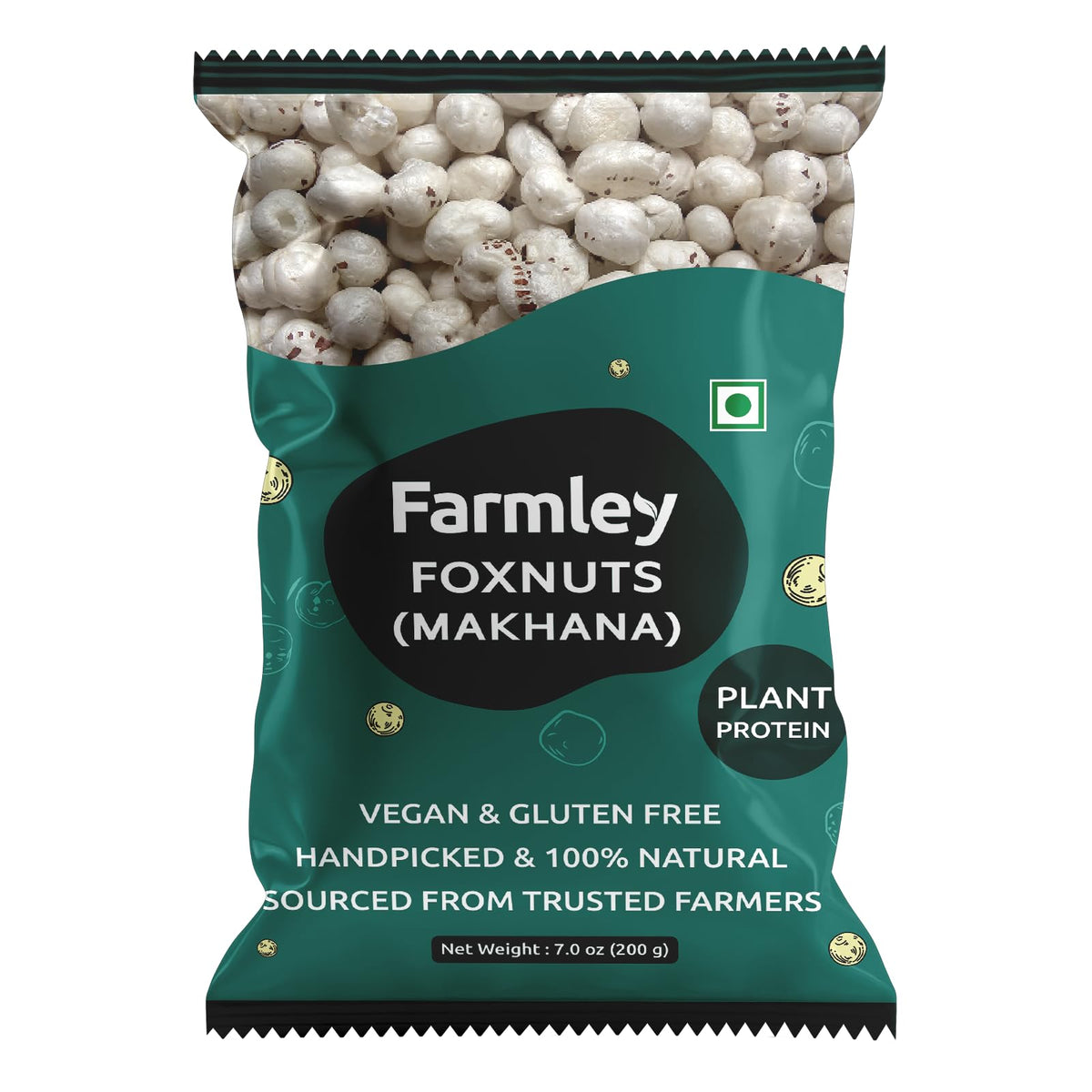 Farmley uncooked phool makhana bag close-up, showcasing natural foxnuts for a protein-rich vegan snack.