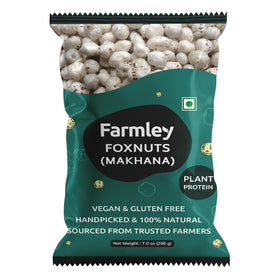 Farmley uncooked phool makhana bag close-up, showcasing natural foxnuts for a protein-rich vegan snack.