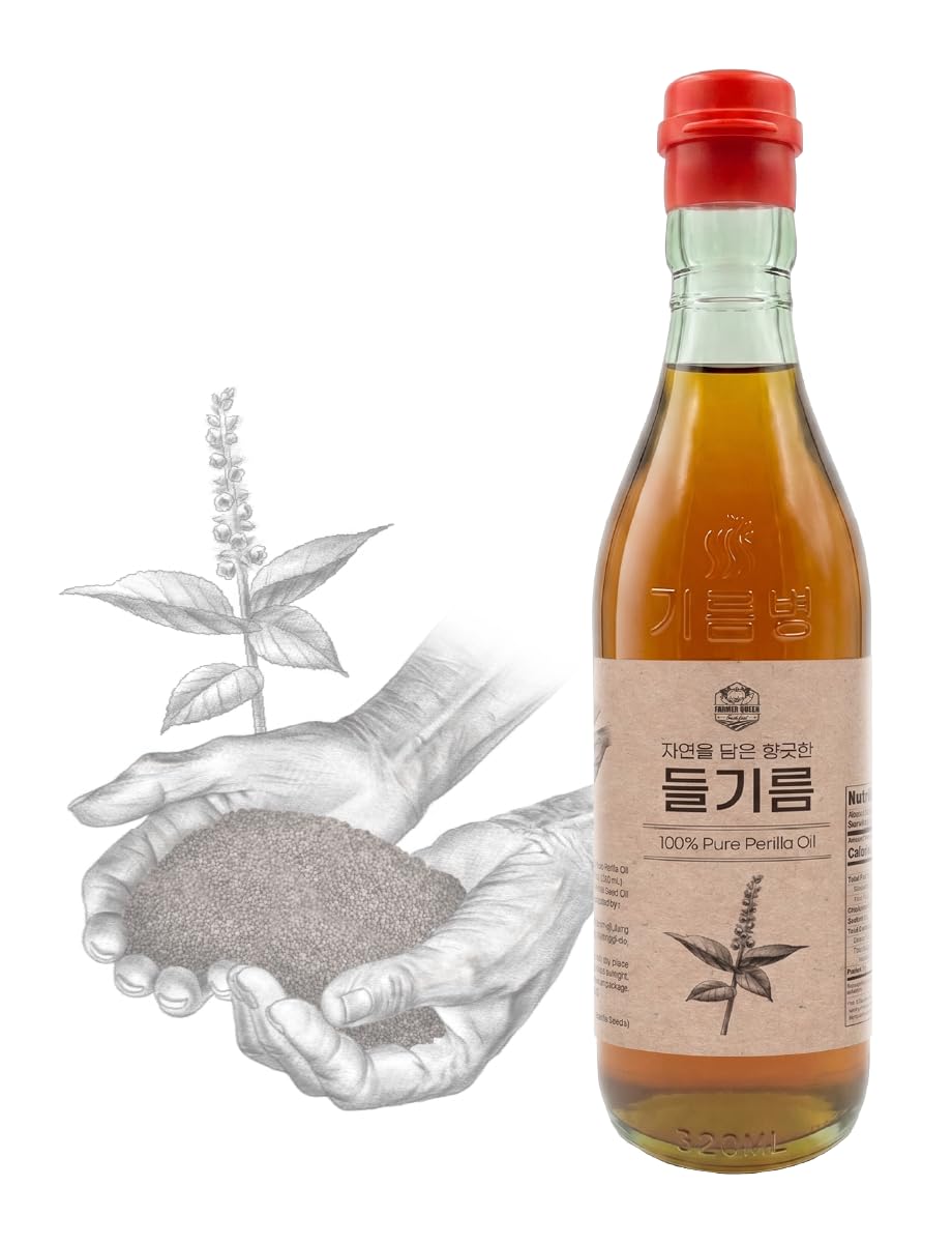 FARMER QUEEN Korean Roasted Perilla Oil bottle on counter, finishing oil.