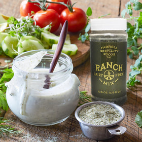 Kitchen scene showing Farrell Ranch mix as salad dressing option