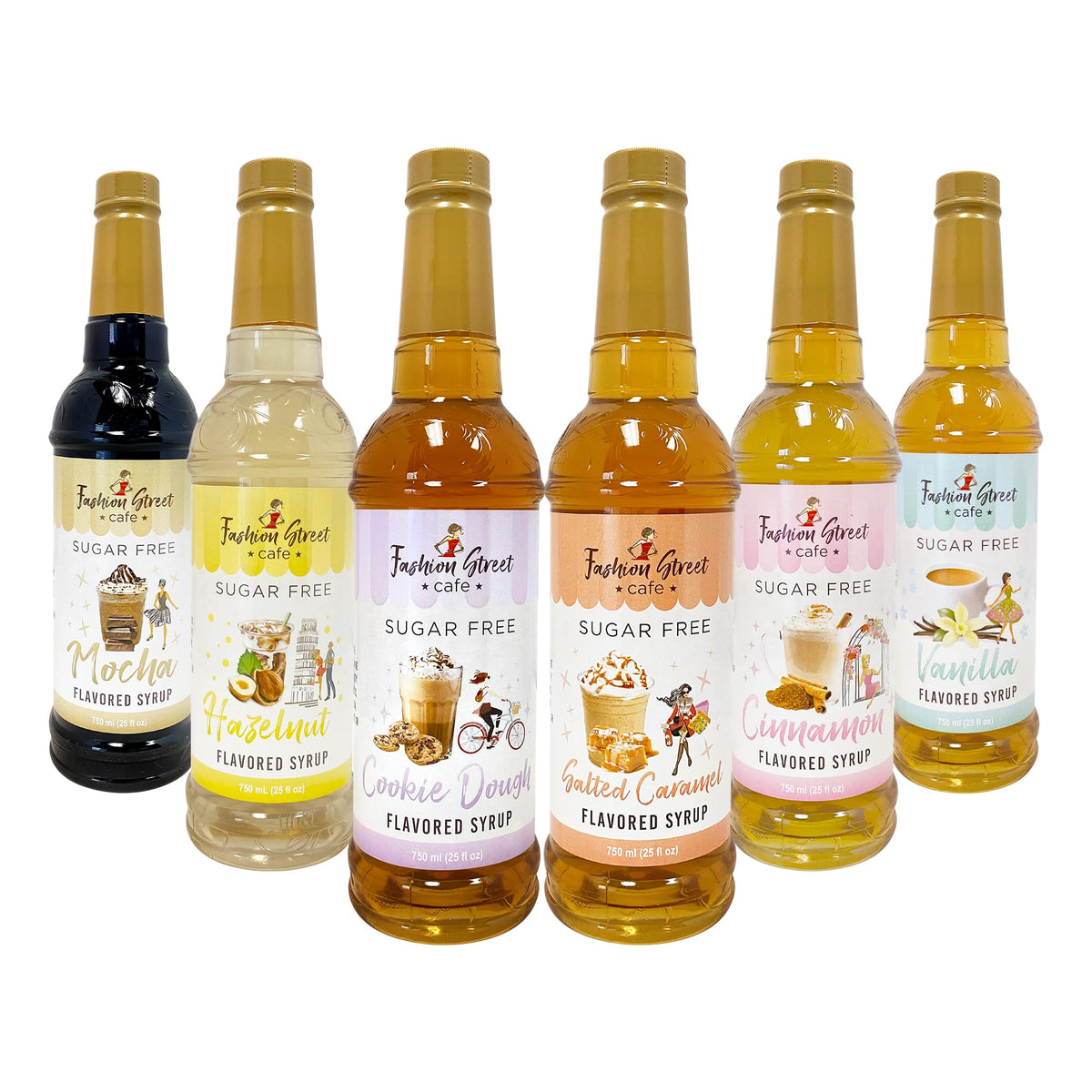 Fashion Street Cafe Sugar Free Coffee Syrup Variety Pack showcases six flavors for sugar-free coffee, tea, and desserts.