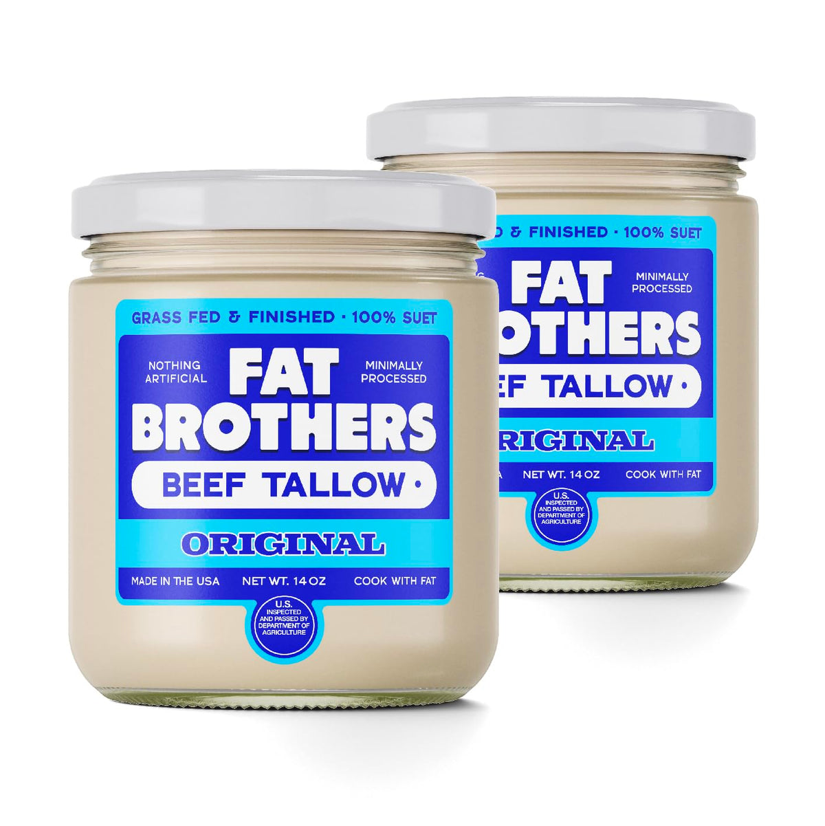Fat Brothers grass-fed beef tallow jar closeup, premium cooking fat for sautéing and roasting.