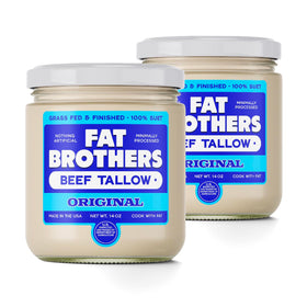 Fat Brothers grass-fed beef tallow jar closeup, premium cooking fat for sautéing and roasting.