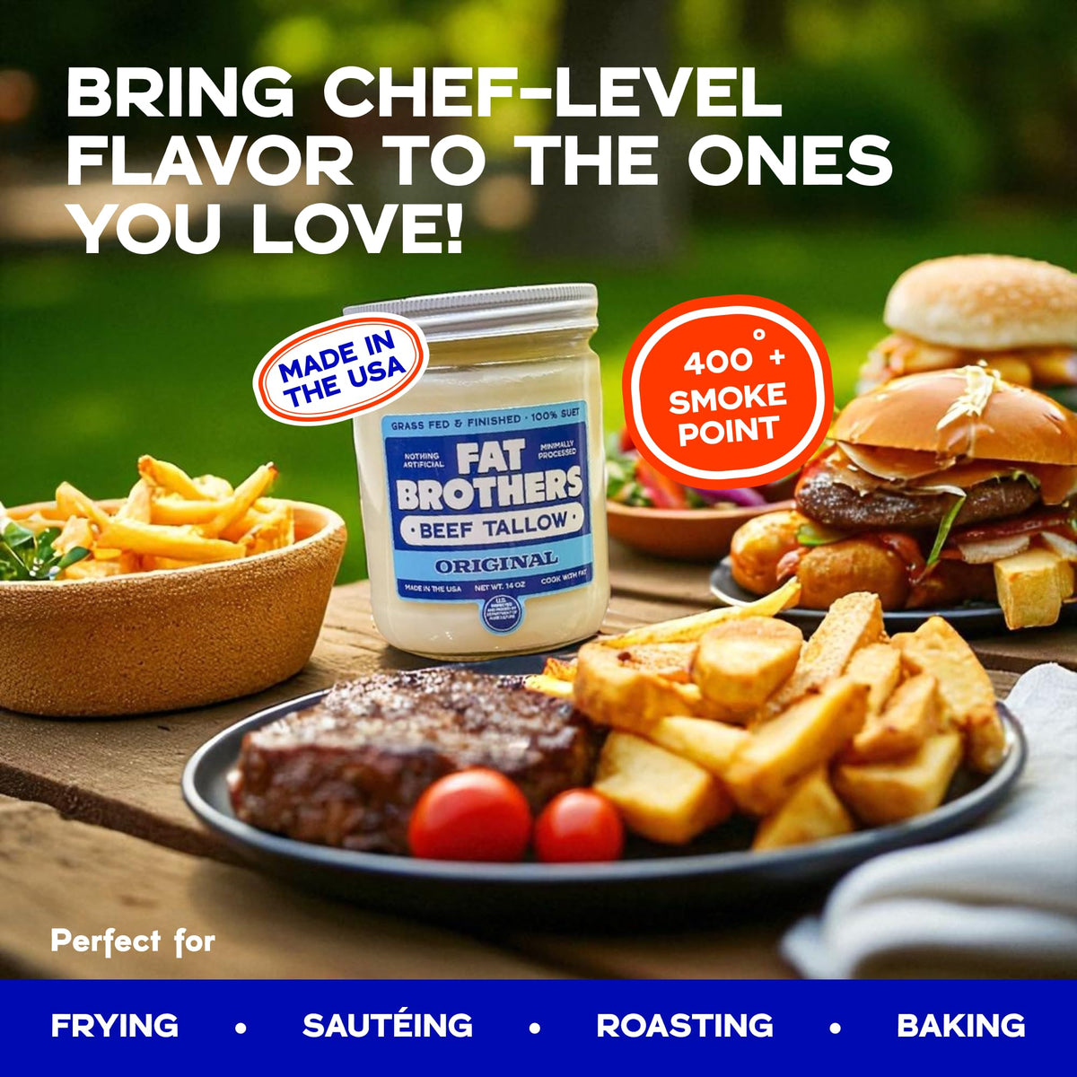 Fat Brothers grass-fed tallow in frying pot for even heat and crisp results.