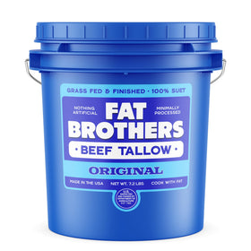 Fat Brothers grass-fed beef tallow in a cream color pail signaling natural quality.