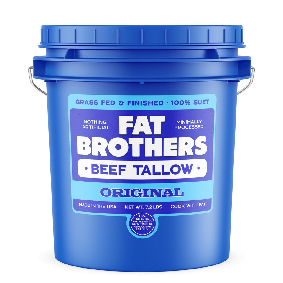 Fat Brothers grass-fed beef tallow in a cream color pail signaling natural quality.