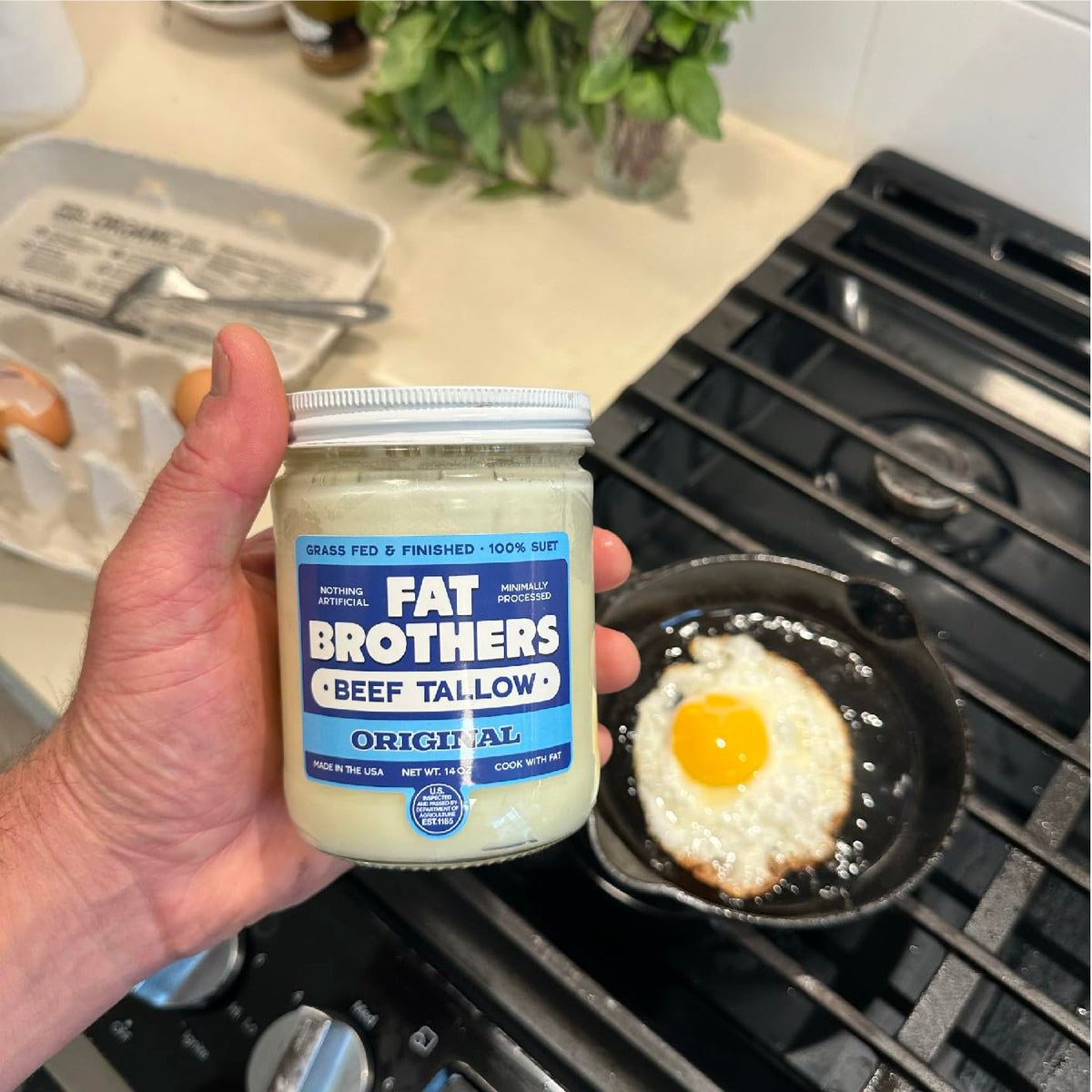 Fat Brothers tallow in a sauté pan melting smoothly for searing.