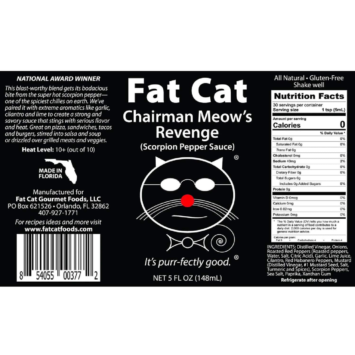 Fat Cat Chairman Meow's Revenge bottle beside grilled meats signals bold pairing