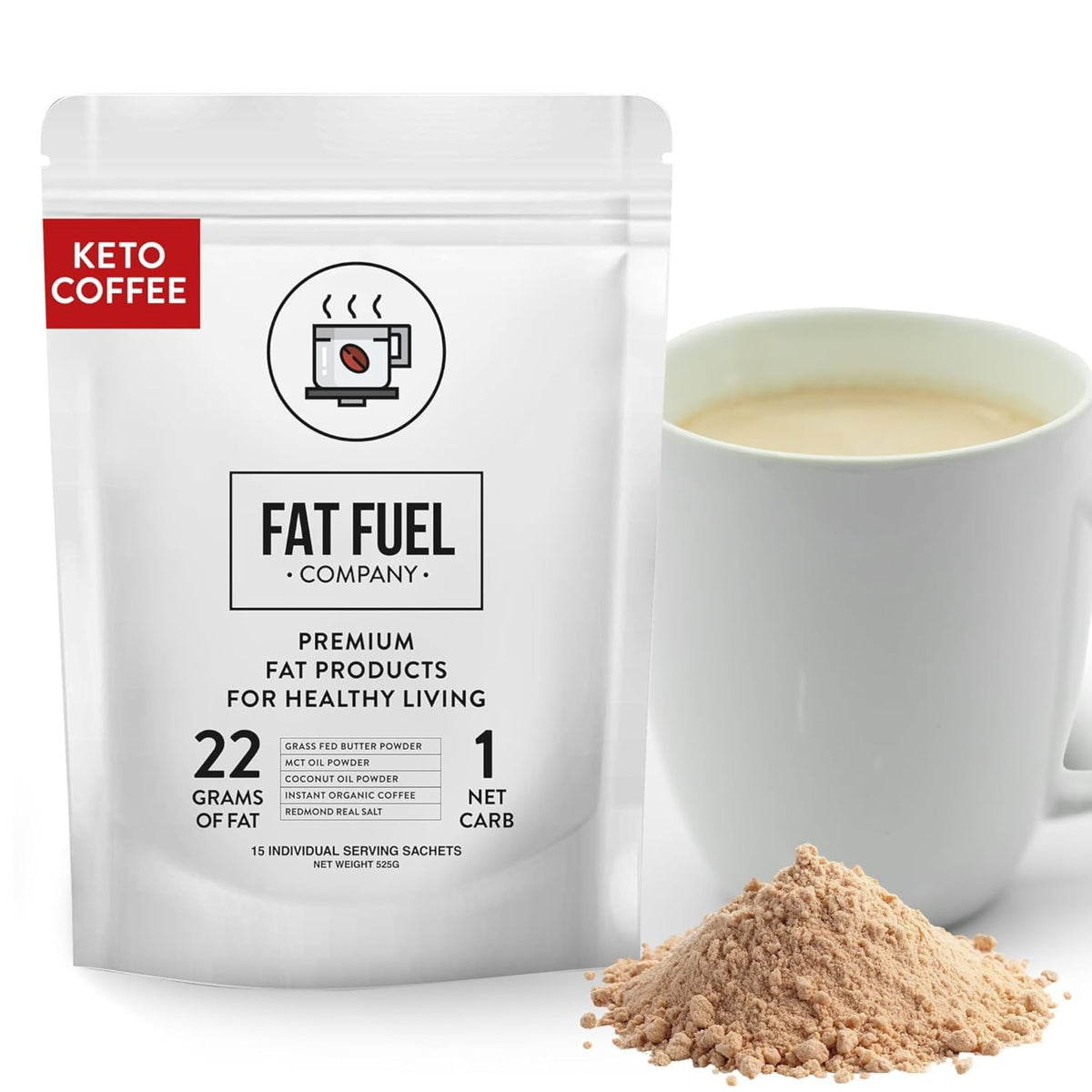 The Fat Fuel Company FAT FUEL Keto Coffee instant packet boosts steady morning energy.