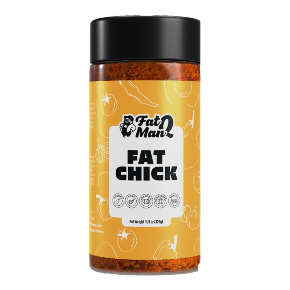 Fat Man Q Fat Chick bottle label highlighting versatile chicken seasoning.