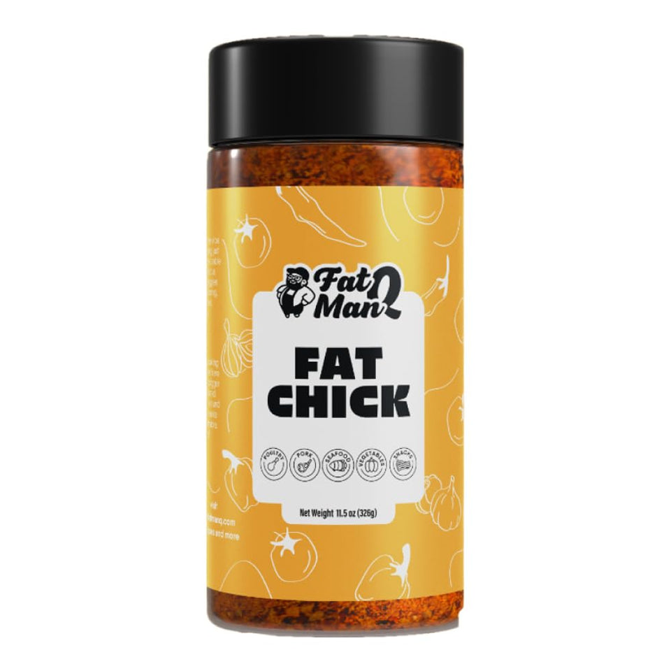 Fat Man Q Fat Chick bottle label highlighting versatile chicken seasoning.