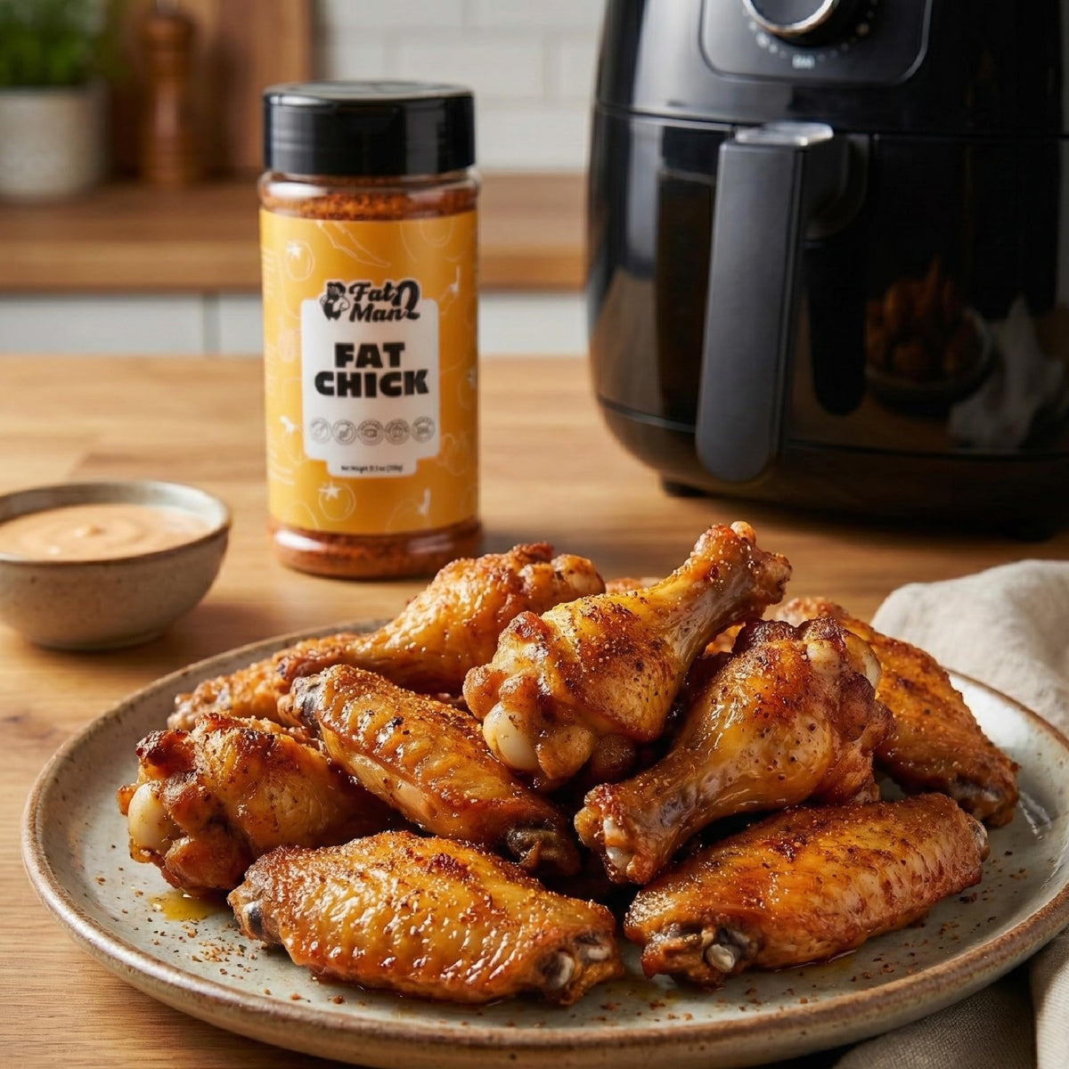Fat Man Q Fat Chick dry rub container close-up for crispy wings.