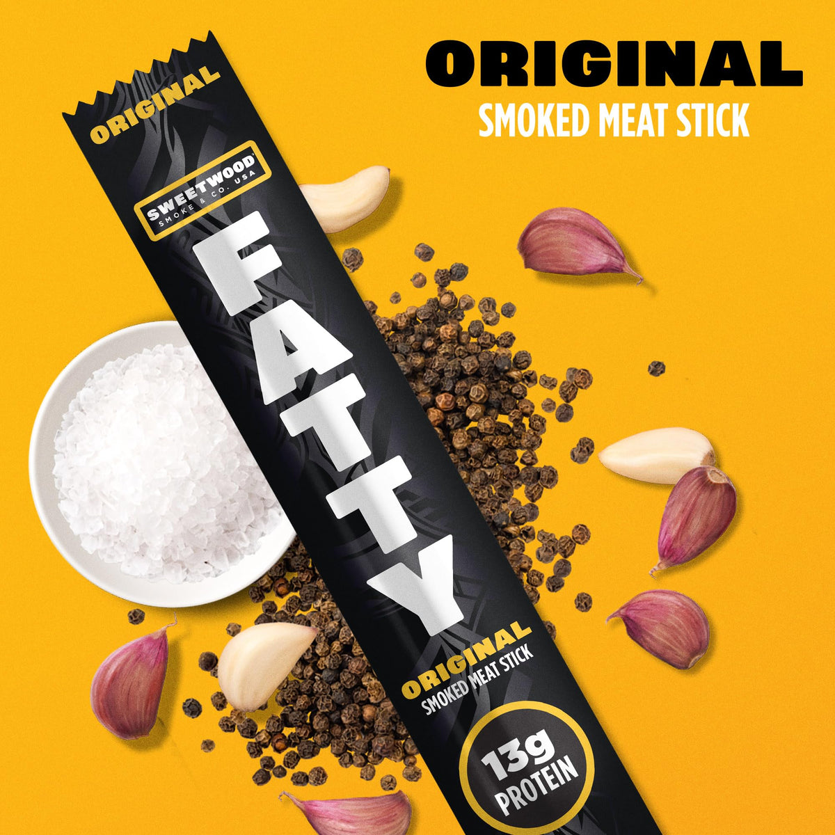 FATTY Meat Sticks antibiotic free pork note emphasizes responsible sourcing and flavor