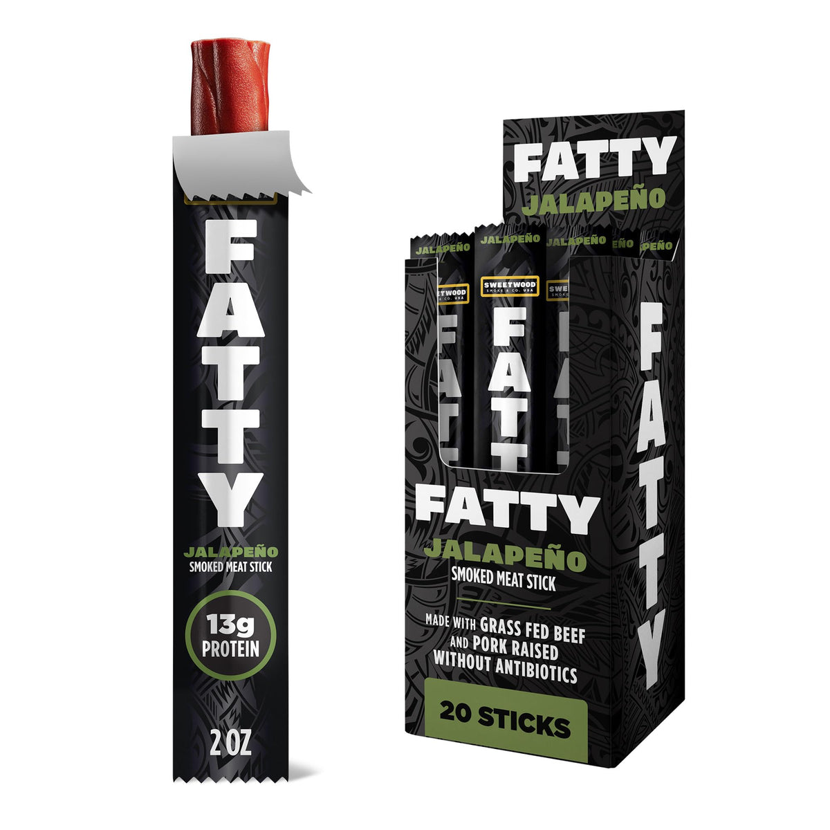 FATTY Meat Sticks grass-fed beef packaging front; protein-packed on-the-go snack.