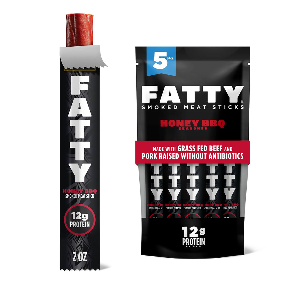 Fatty Meat Sticks Honey BBQ pack of five highlights convenient high-protein snack for active days.