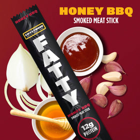 FATTY Meat Sticks ingredients panel emphasizes grass-fed beef and antibiotic-free pork.