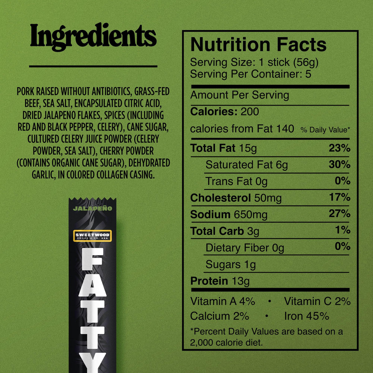 Fatty Meat Sticks nutrition panel features 13g protein per stick