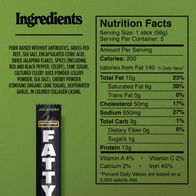 Fatty Meat Sticks nutrition panel features 13g protein per stick
