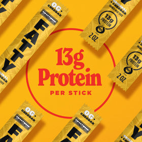 FATTY Original Cheddar meat sticks nutrition panel showing 13g protein per stick.