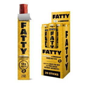 FATTY Original Cheddar meat sticks pack front highlighting convenient high-protein snack.