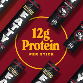 FATTY Meat Sticks packaging back displays nutrition info for active lifestyles.