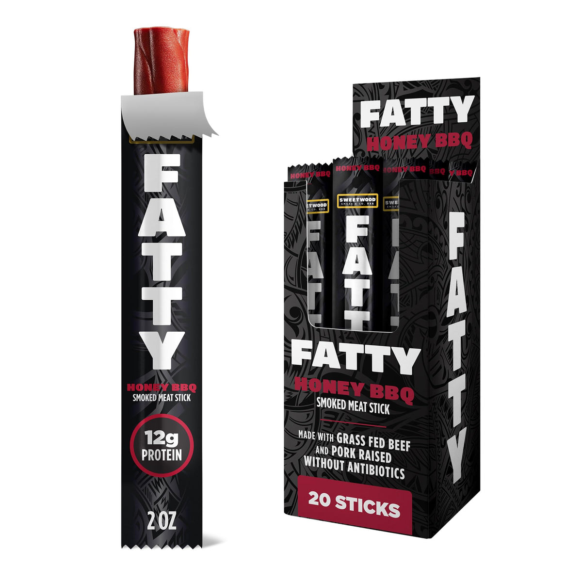 FATTY Meat Sticks packaging front shows a protein-packed on-the-go snack.