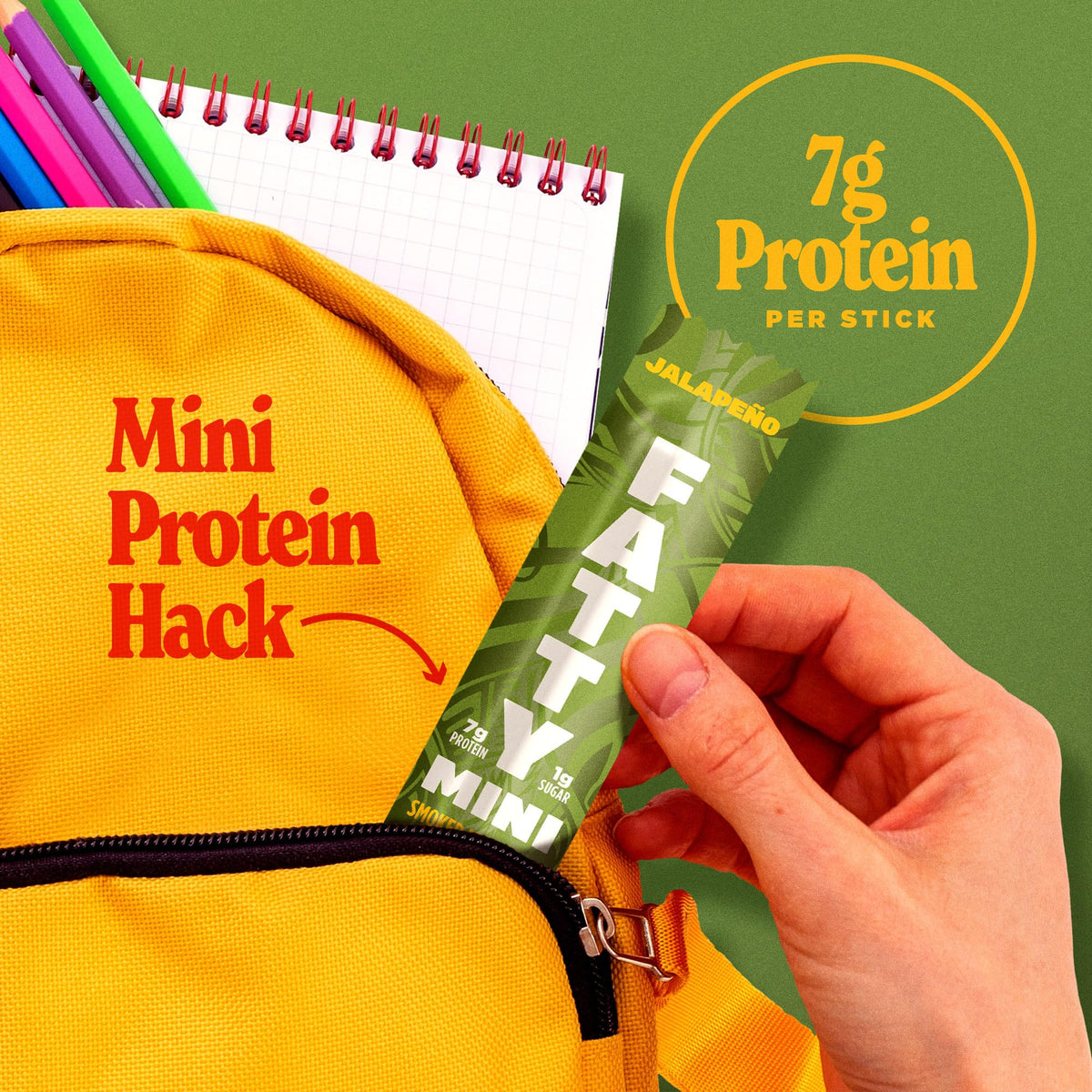 Fatty Mini Meat Sticks 1oz portion, compact travel snack.