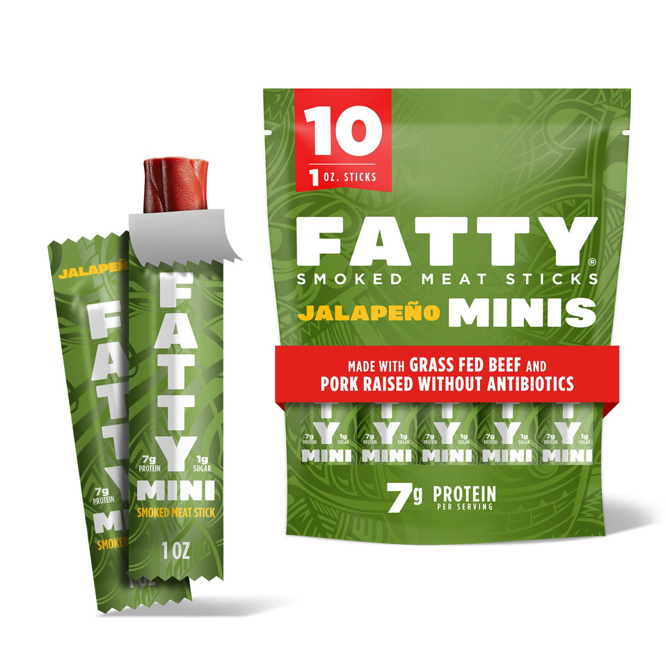 Fatty Mini Meat Sticks pack shot, high-protein on-the-go snack.