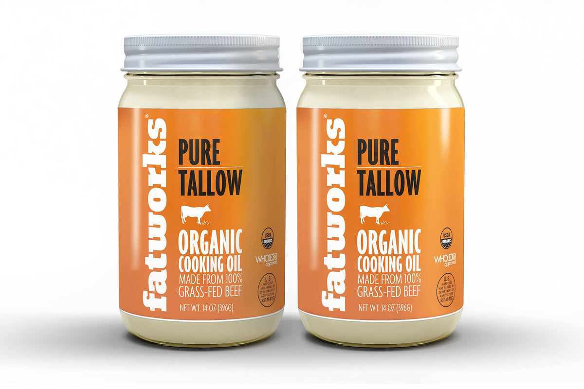 Fatworks Organic Grass-Fed Beef Tallow bottle pour, ideal for roasting and sautéing.
